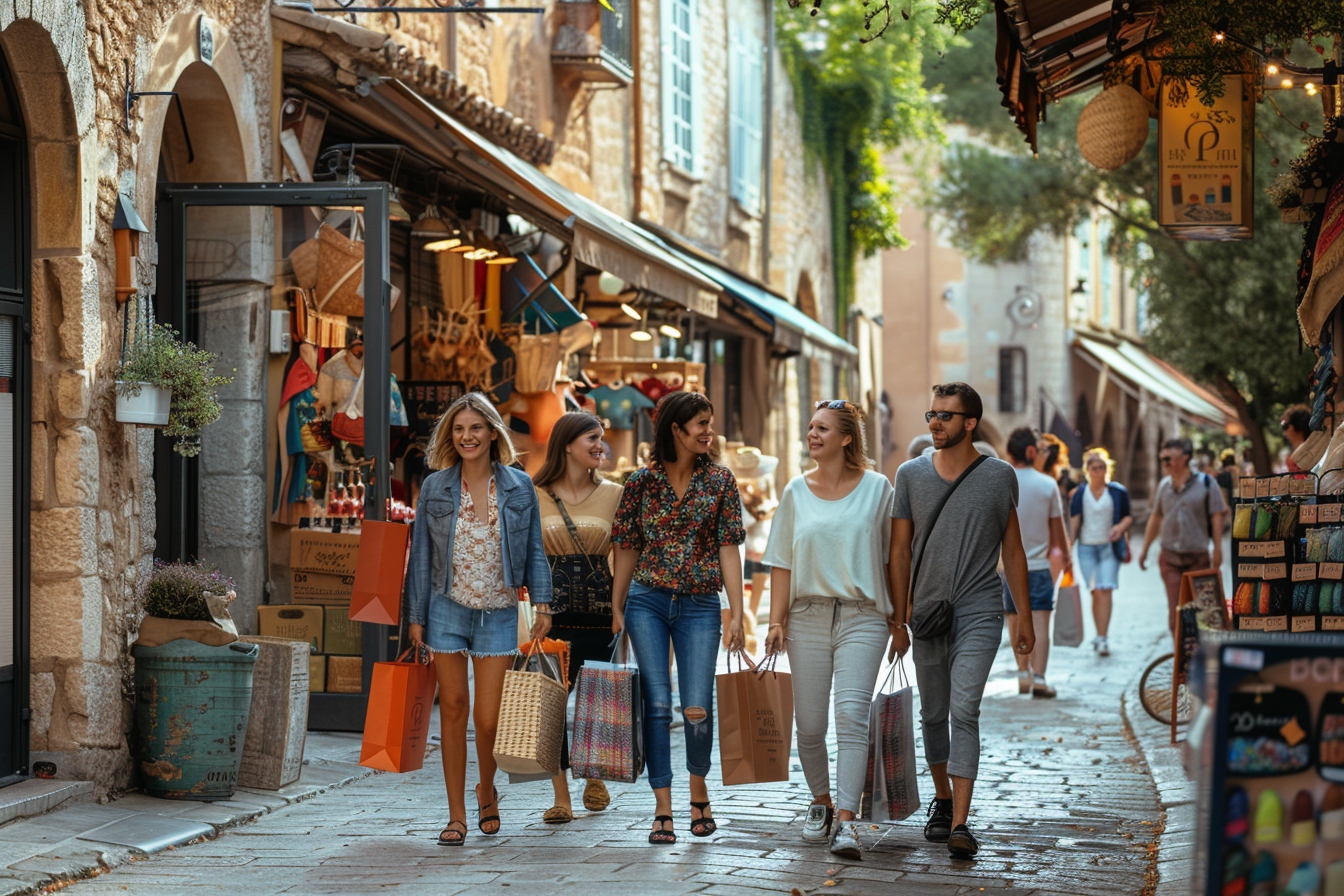 Client heureux portant des sacs de shopping dans les ruelles pittoresques d'Avignon, illustrant une journée de shopping magique dans la cité des papes.