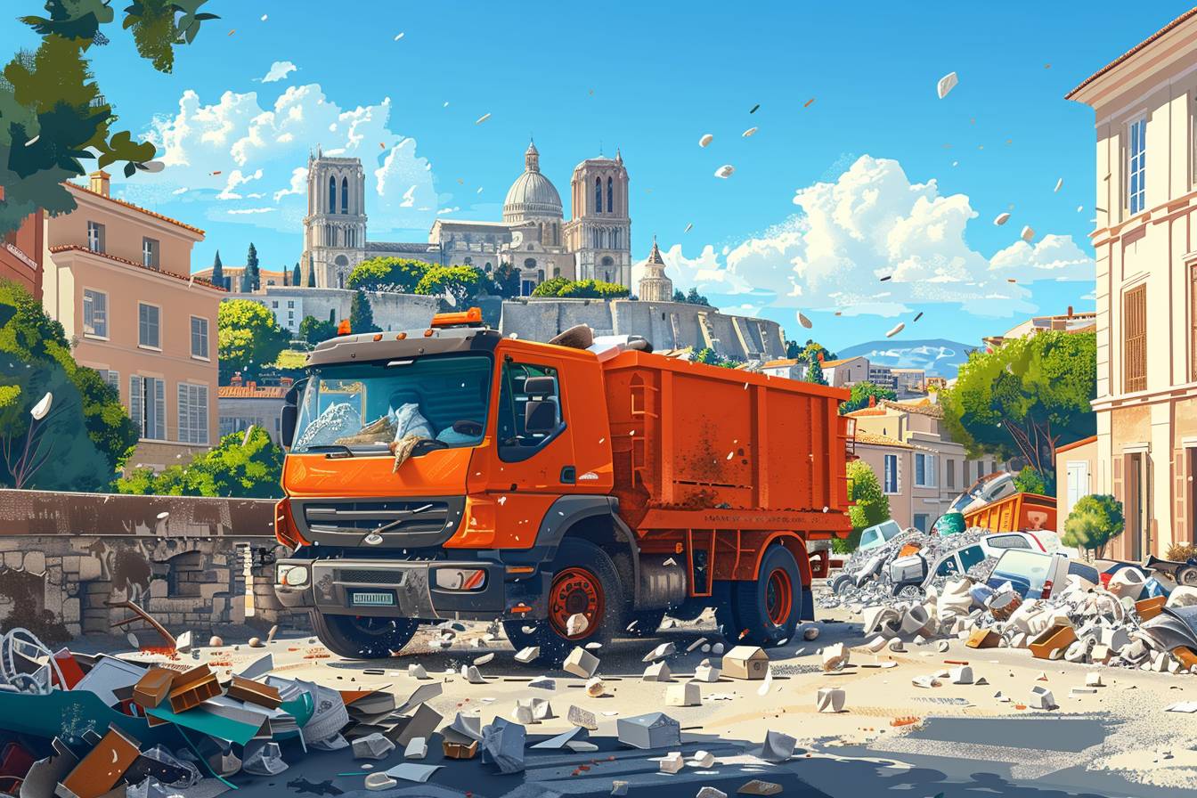 Benne de débarras remplie de déchets ménagers prête à être évacuée à Avignon pour une élimination écologique